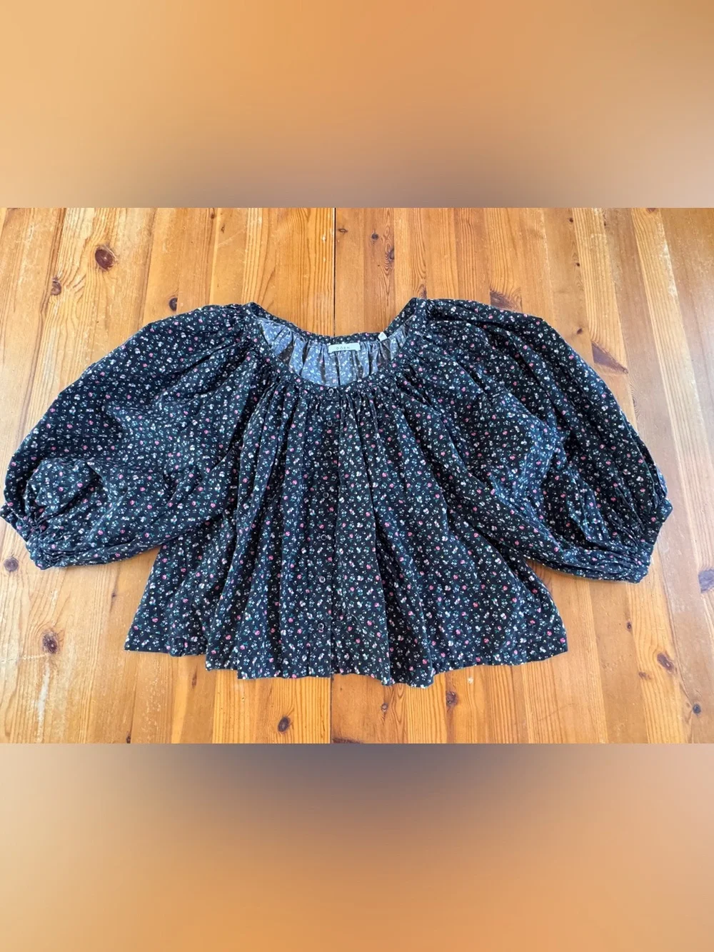 Doen Black Floral Jeanne Puff Sleeve Blouse with Pink & Green Floral Accents